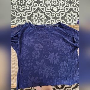 New York & Company size small, dark blue sheer blouse with open shoulders